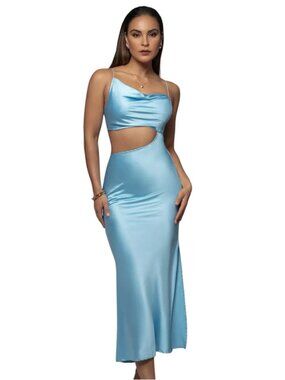 NWT Jluxlabel Marine Light Blue Satin Cowl Neck Cutout Midi Maxi Dress